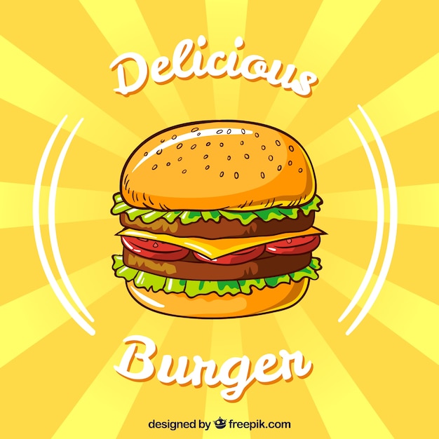 Gele achtergrond met smakelijke burger in plat ontwerp Gratis Vector