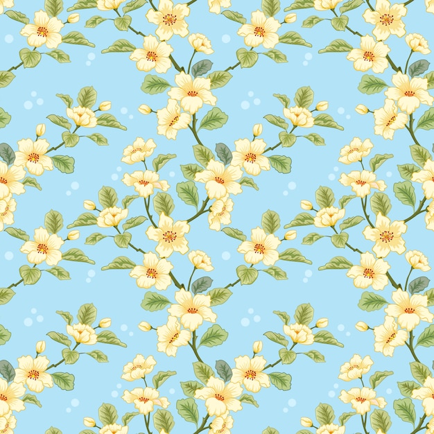 Gele bloemen op blauwe achtergrond voor textiel, stof, katoenweefsel, dekking, behang, Premium Vector