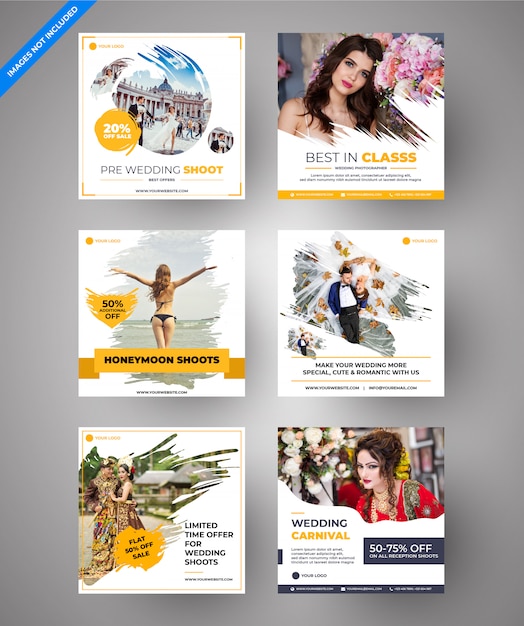 Gele parallax-bruiloft & multifunctionele sociale media en webbanners voor digitale marketing Premium Vector