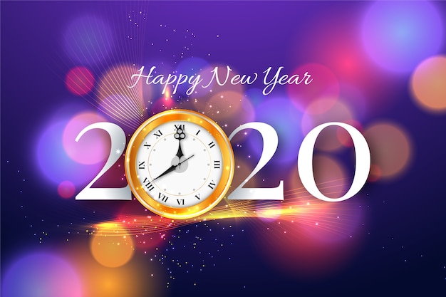 Gelukkig nieuw jaar 2020 met klok en bokeh achtergrond Gratis Vector