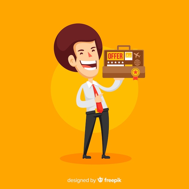 Gelukkig verkoperskarakter met vlak ontwerp Gratis Vector