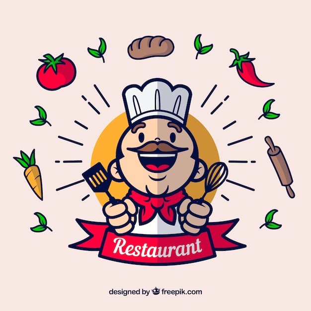 Gelukkige chef-kok en ingrediënten met een plat ontwerp Gratis Vector