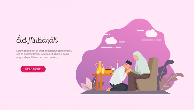 Gelukkige eid mubarak met landende landingspagina Premium Vector