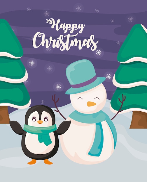 Gelukkige kerstmis met pinguïn en sneeuwman op de winterlandschap Premium Vector