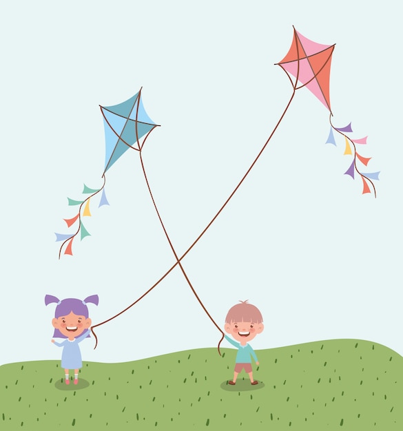 Gelukkige kleine jonge geitjes die vliegers in het gebiedslandschap vliegen Gratis Vector
