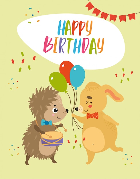 Gelukkige verjaardagskaart egel en hond | Gratis Vector