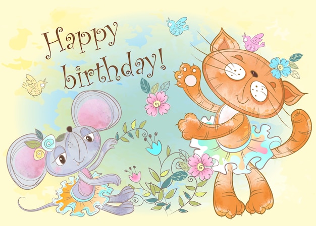 Verwonderlijk Gelukkige verjaardagskaart met schattige kat en muis. | Premium Vector XE-72