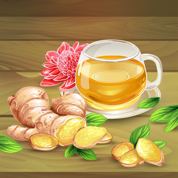 Gember thee vector samenstelling op houten achtergrond Gratis Vector