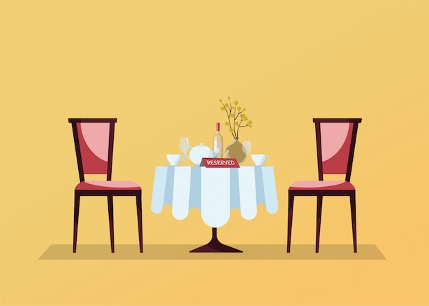 Gereserveerde Restaurant Ronde Tafel Met Wit Tafelkleed Wijnglazen Wijnfles Pot Bezuinigingen Reservering Tafelblad Erop En Twee Zachte Stoelen Platte Cartoon Vectorillustratie Premium Vector