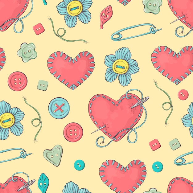 Gestikt naaldbed in de vorm van een hart en naai-accessoires. Premium Vector