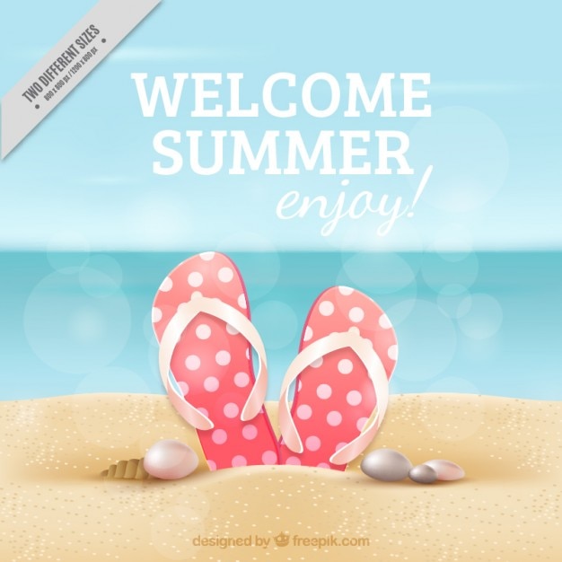 Gestippelde flip flop op het strand achtergrond Premium Vector