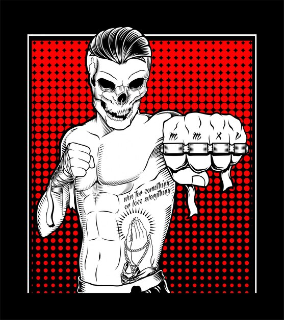 Getatoeëerde schedelvechter muay thai met knokkel Premium Vector