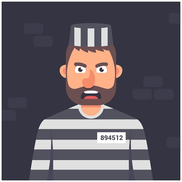 Gevangene in een cel. gestreept uniform. karakter op een donkere achtergrond vector illustratie. Premium Vector