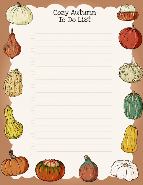 Gezellige herfst weekplanner en takenlijst met trendy pompoenen ornament. Premium Vector