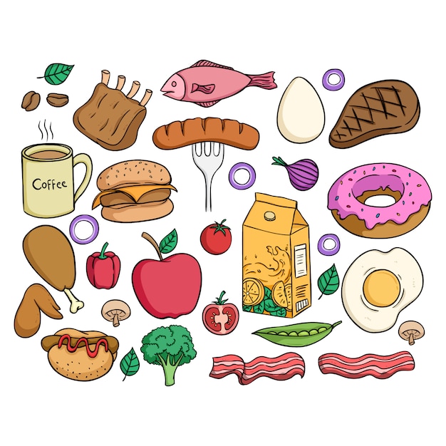 Gezond eten collectie met gekleurde doodle stijl op witte achtergrond Premium Vector
