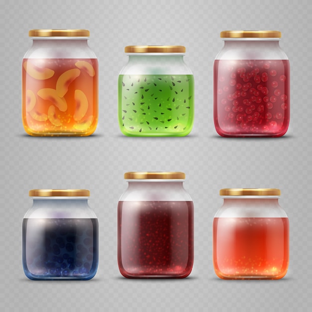 Glazen pot met met jam en fruitmarmelade vector set. kruik met fruitjam en eigengemaakte dessertillustratie Premium Vector