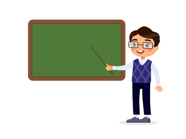 Glimlachende privé-leraar die op leeg bord in het karakter van het klaslokaalbeeldverhaal richten. educatief proces. Premium Vector