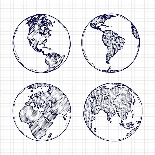 Globe Schets Hand Getekend Aarde Planeet Met Continenten Vector