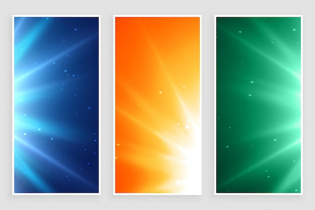 Gloeiende lege lichtstralen barsten geplaatste banners Gratis Vector