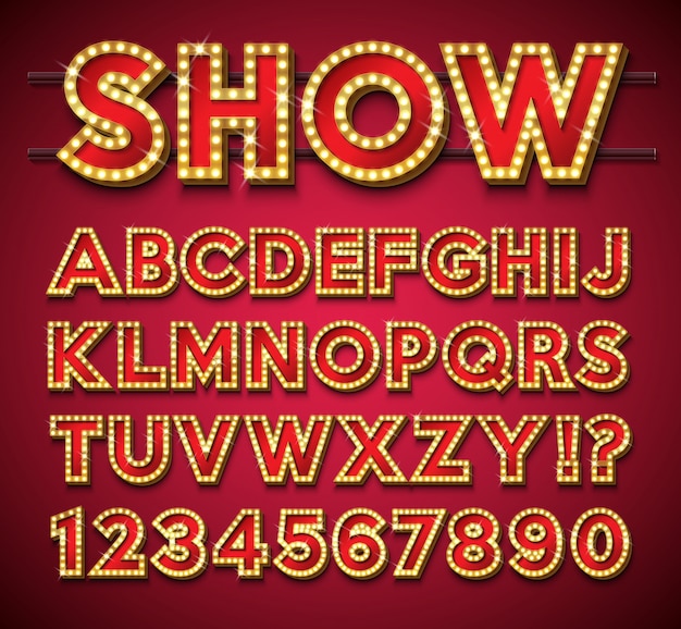 Gloeilampalfabet met gouden kader en schaduw op rode achtergrond. Premium Vector