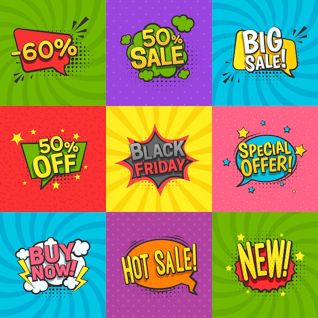 Goedkope komische labels ingesteld Gratis Vector