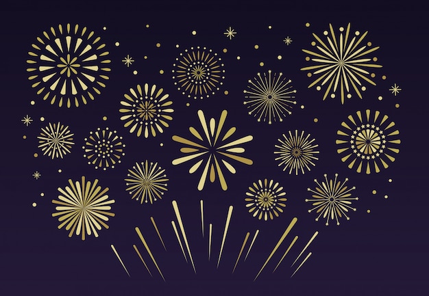 Gouden feestelijk vuurwerk. kerst vuurwerk pyrotechniek Premium Vector