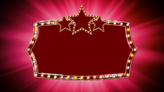 Gouden frame gloeilampen vector. rode achtergrond. lamp star frame. retro frame design element board. markttent banner. copyspace Premium Vector
