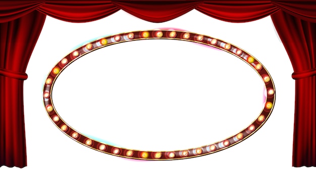Gouden frame gloeilampen vector. rood theatergordijn. zijde textiel. glanzend retro licht reclamebord. realistische retro illustratie Premium Vector
