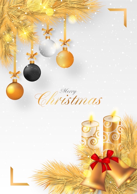 Gouden kerst achtergrond met kaarsen en ornamenten Gratis Vector