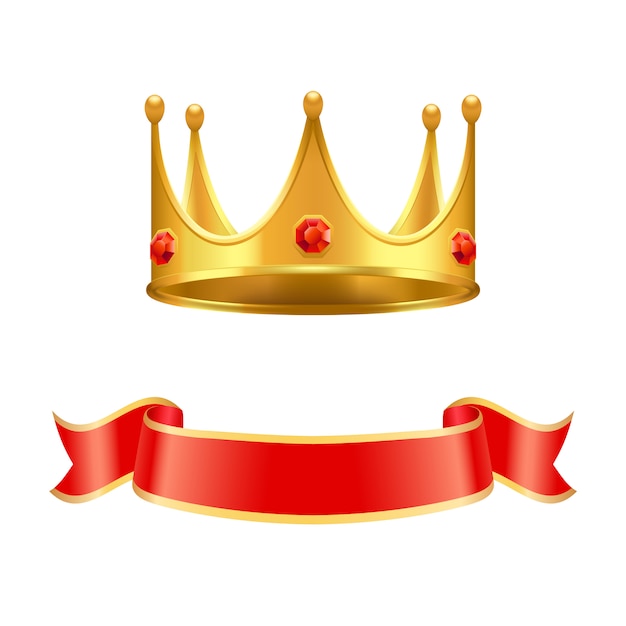 Gouden kroon met robijnrode edelsteen en zijden krullenlint Premium Vector