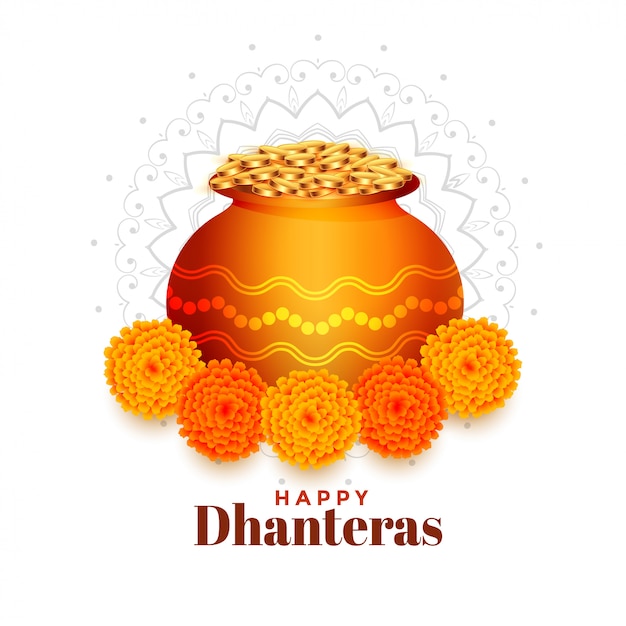 Gouden muntstukkenpot met de achtergrond van dhanteras van de goudsbloembloem Gratis Vector