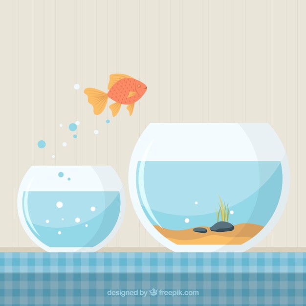 Goudvis springen uit fishbowl in vlakke stijl Gratis Vector