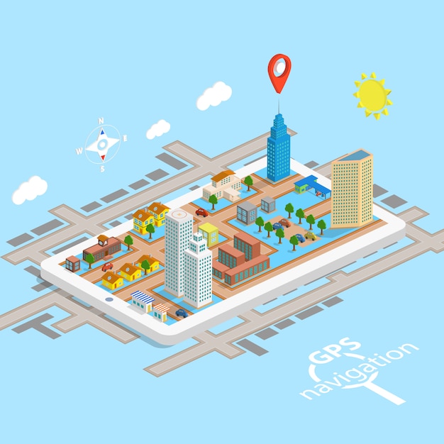 Gps mobiele navigatie isometrische kaart Premium Vector