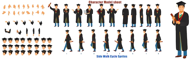 Graduate student character model sheet met walk cycle animation sequence Premium Vector