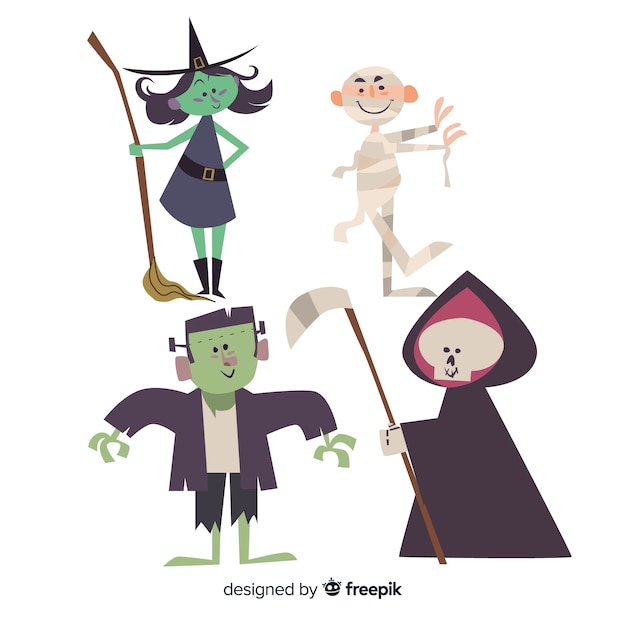 Grappige en leuke halloween-kostuumjonge geitjes die op witte achtergrond worden geplaatst Gratis Vector