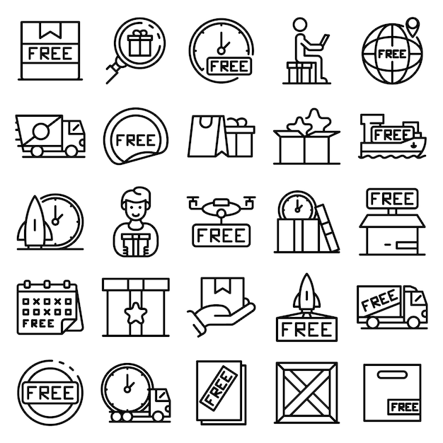 Gratis verzending iconen set, overzicht stijl Premium Vector