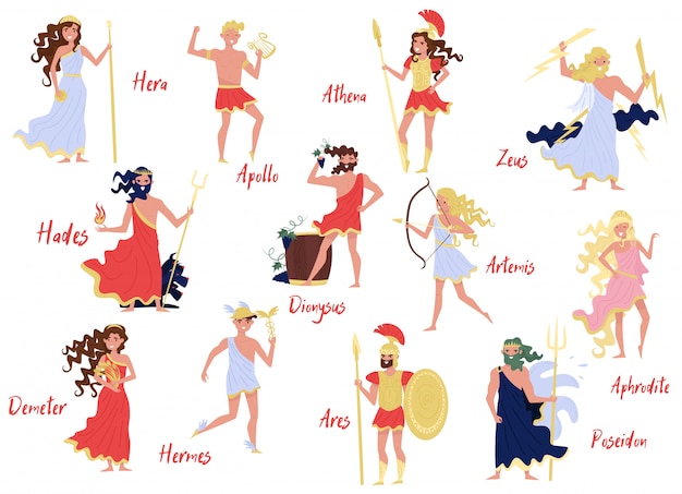Griekse goden set, hera, dionysus, zeus, demetra, hermes, ares, artemis,  aphrodite, poseidon, oude griekse mythen stripfiguren | Premium Vector