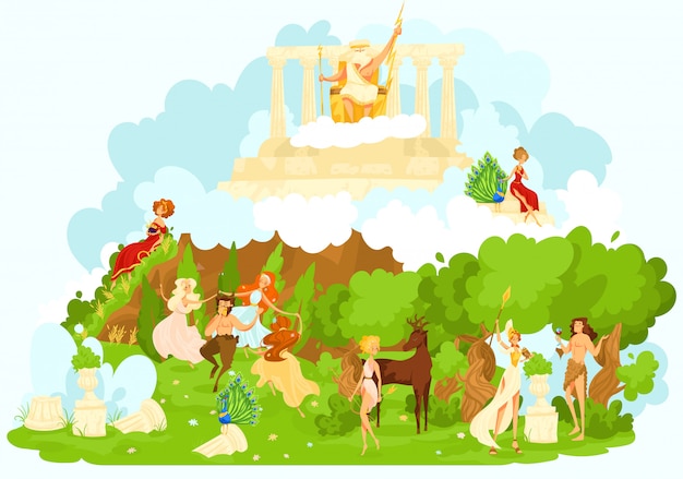 Griekse mythologie, oude goden cartoonbeeldjes van mythologische olympische  goden die de illustratie van gunst en bescherming symboliseren. | Premium  Vector
