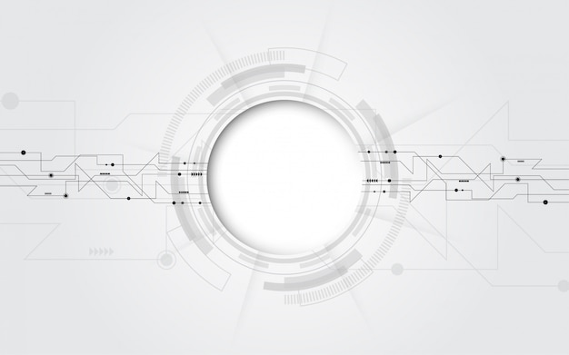 Grijs-wit abstracte technische achtergrond met verschillende technologie-elementen Premium Vector