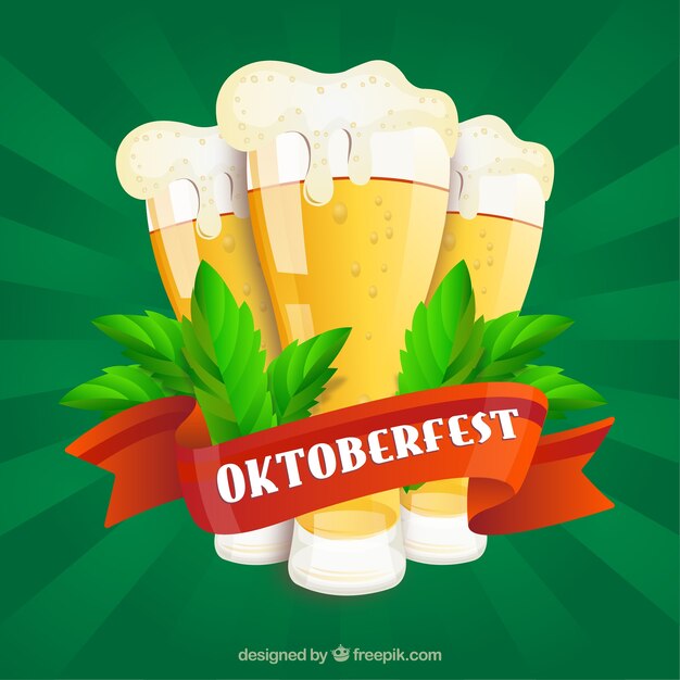 Groene achtergrond met bieren en rood lint van oktoberfest Gratis Vector