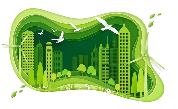 Groene stad met gebouw en ecologie idee Premium Vector