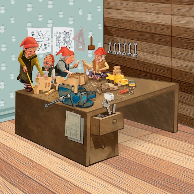 Groep elf die in een workshop van de kerstman werken Gratis Vector