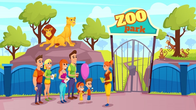 Groep lachende mensen en gids bij zoo gate vector Premium Vector