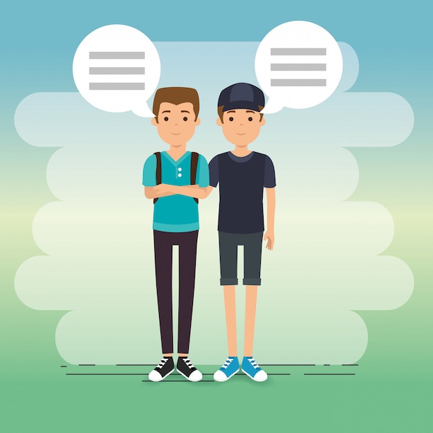 Groep mensen in het park met tekstballonnen Gratis Vector