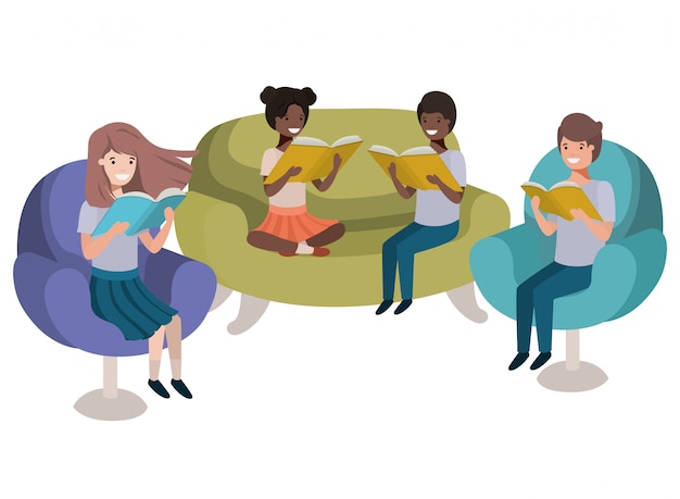 Groep mensen zitten in bank met boek avatar karakter Premium Vector