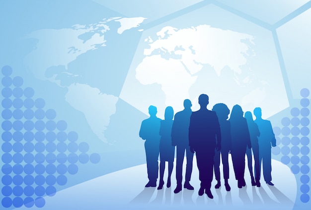 Groep van bedrijfsmensen silhouette walking over world map background zakenmensen team concept Premium Vector