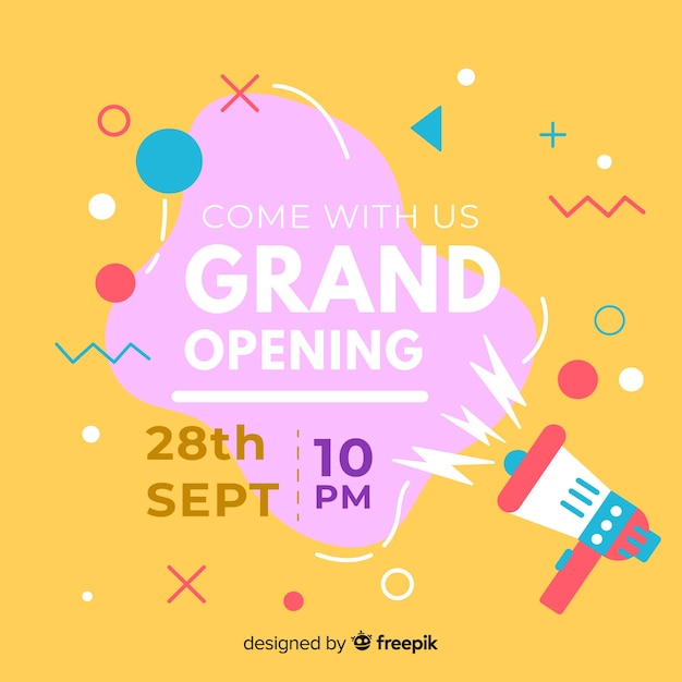 Grootse opening achtergrond sjabloon plat ontwerp Gratis Vector