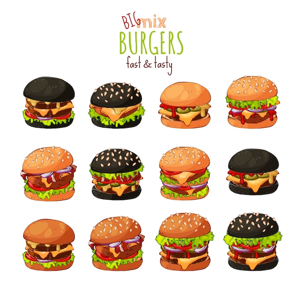 Grote reeks verschillende soorten burgers. Premium Vector