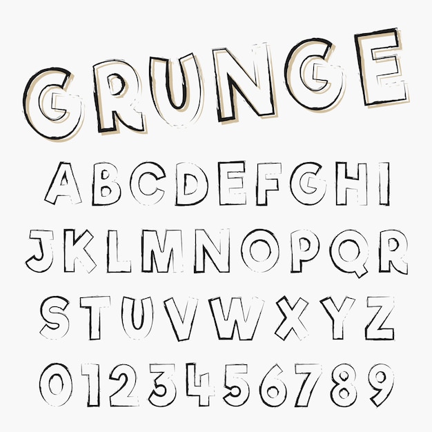 Grunge alfabet lettertype sjabloon. letters en cijfers van distressed beroerte ontwerp. vector illustratie. Premium Vector