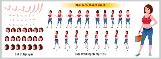 Gym girl character-modelblad met loopcyclusanimaties en lipsynchronisatie Premium Vector
